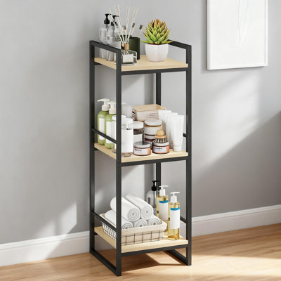 Étagère de rangement autoportante à 3 niveaux, structure en métal robuste avec tablettes d'aspect bois pour la salle de bain, la cuisine, la salle de lavage, la chambre à coucher, organisateur de coin peu encombrant et facile à assembler