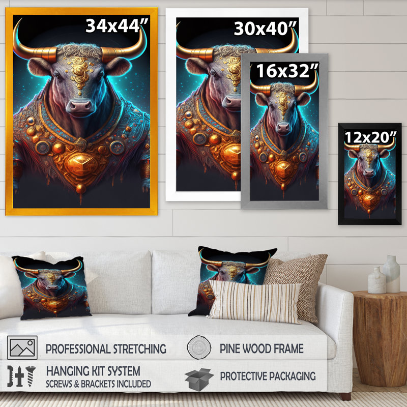 «Kassaia Futuristic Golden Bull», reproduction sur toile, Impression noire sur toile encadrée, L 12 po x H 20 po