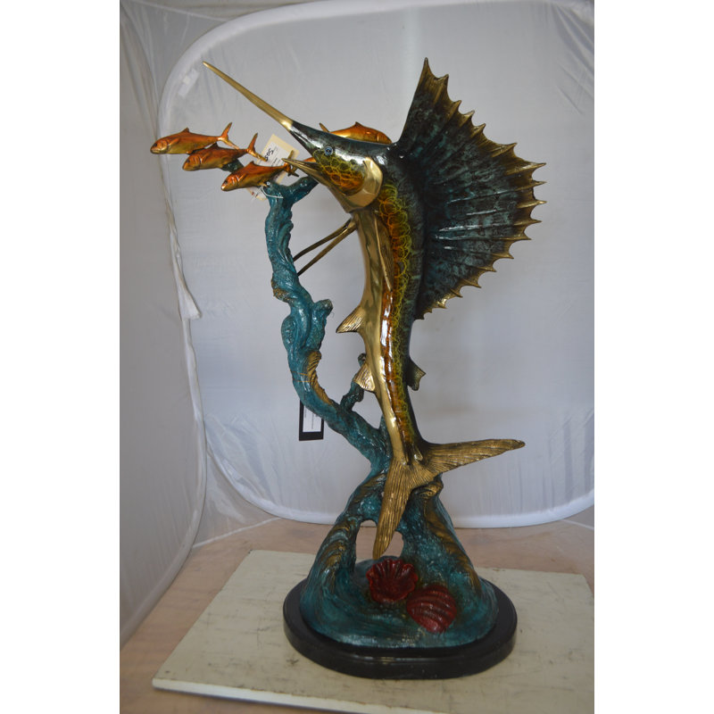 Statue en bronze Bobb Sailfish-large sautant avec petits poissons
