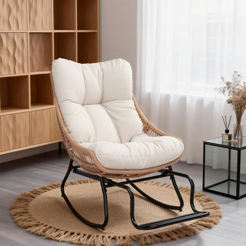Patio Wicker Rocking Chair With Cushion and Footrest, Cream