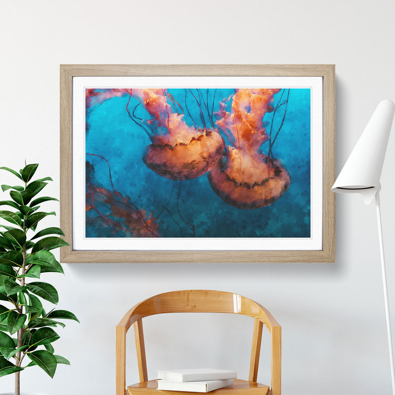 Pink Jellyfish Abstract - Picture Frame Graphic Art Print, Oak, 45cm H x 63cm W x 2cm D