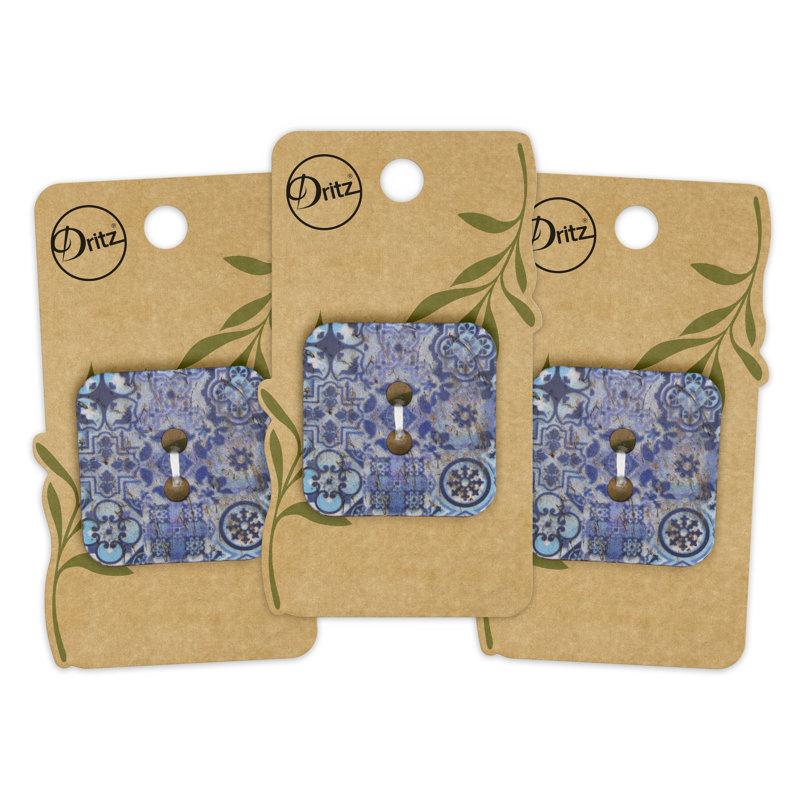 Bouton carré durable noix de coco Dritz, 35 mm, bleu, 3 boutons