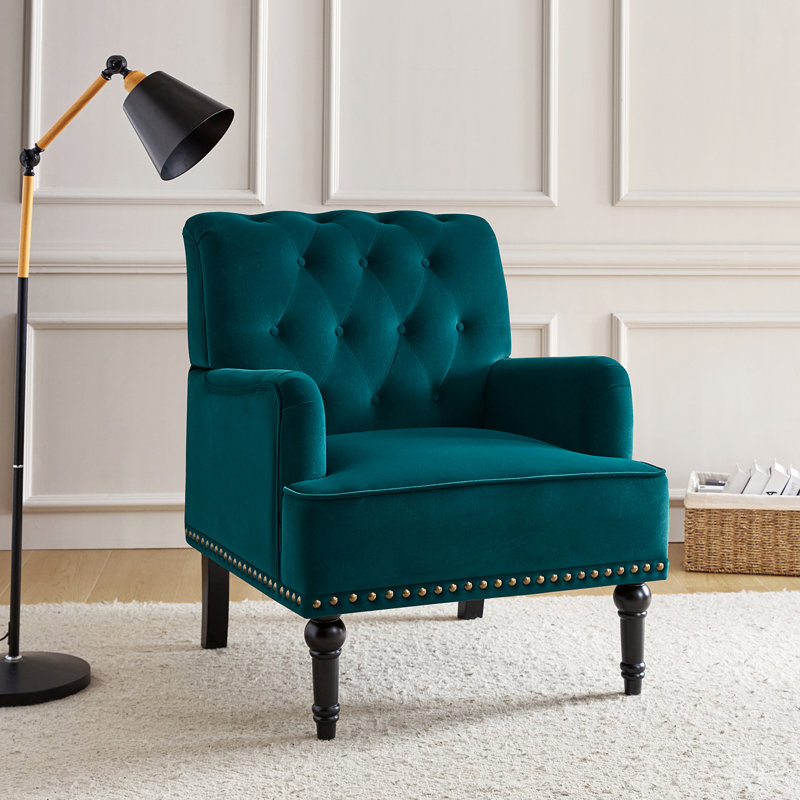 Fauteuil en velours de polyester avec garniture cloutée 28,5 po Jakub, Polyester sarcelle