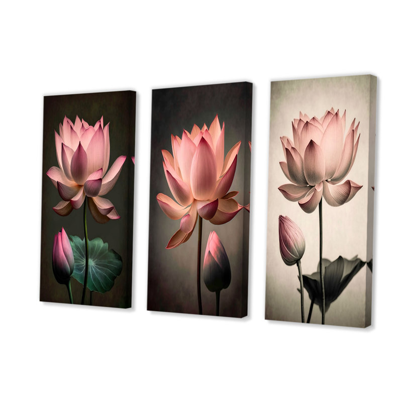 Fleur de lotus rose rétro 3 pièces, H 28 po x l 36 po x P 1 po