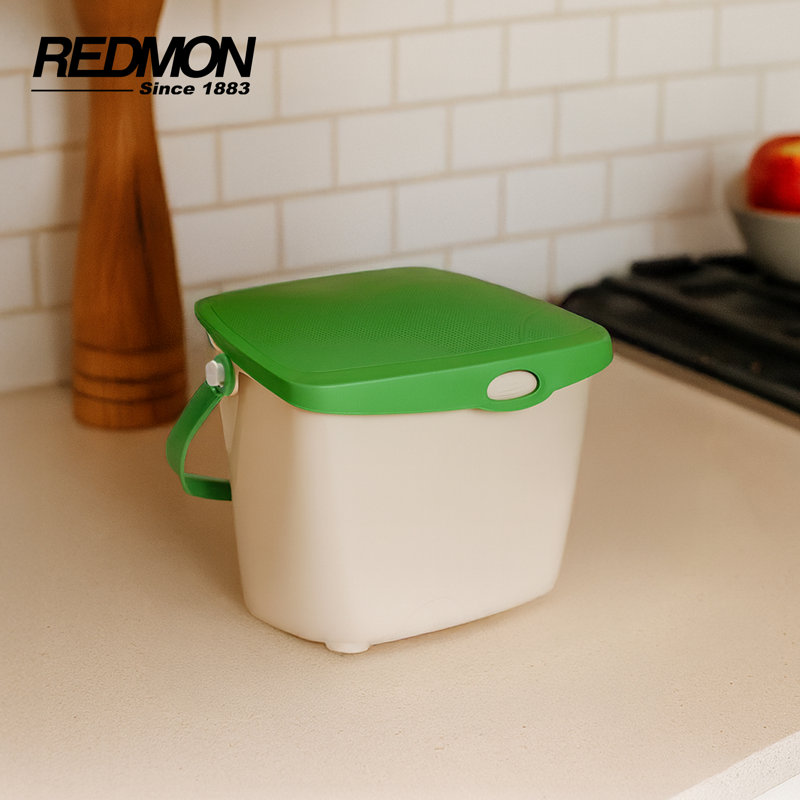 Redmon 1.9 Gal Kitchen Compost Bin for Food Scraps Odor Control Lid, Beige/Green, Beige/Green
