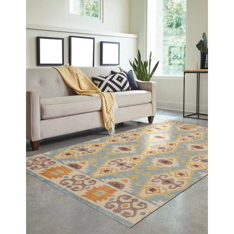 Tapis bleu clair en laine noué à la main Freya, Rectangulaire 8 pi x 10 pi