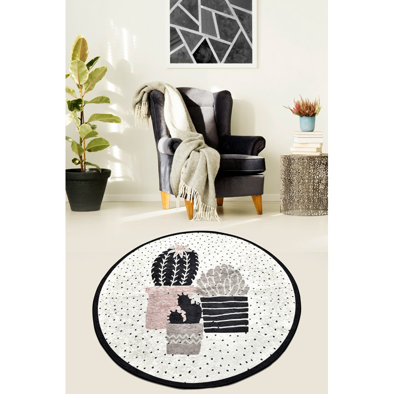 Stylish Round Area Rug, Black & White, 47.2 Inch Diameter | 100% Polyester, 0.4 Inch Pile Height, Antibacterial, Non-Slip Underside | Machine Washable at 30°C | Perfect for Living Room, Bedroom & Home Décor