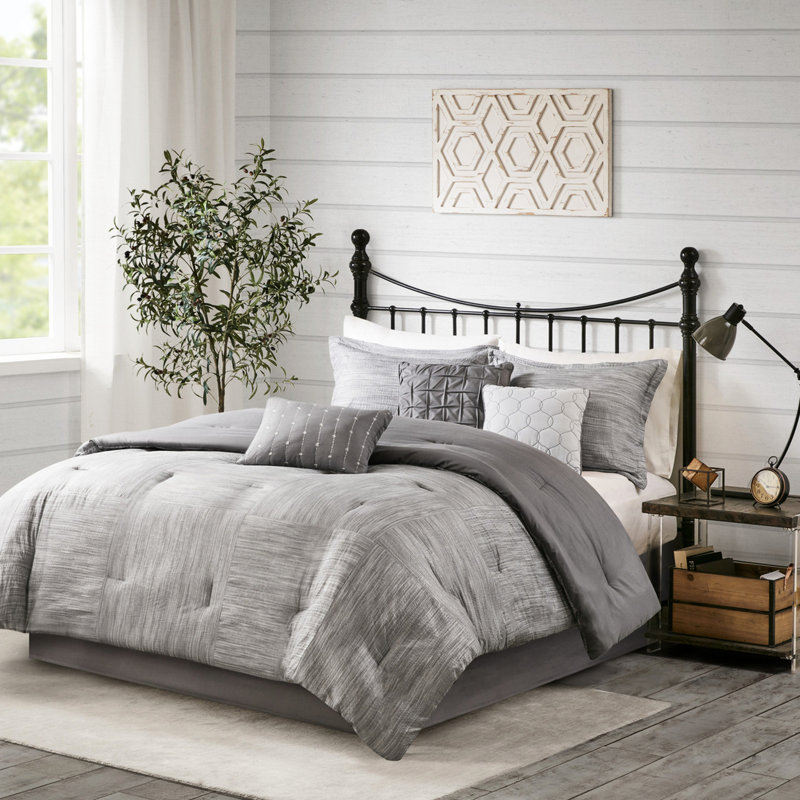 Chic King Bedding - 7 pièces en tissu gaufré gris avec résistance aux plis et oreillers pour lit imprimé, Gris