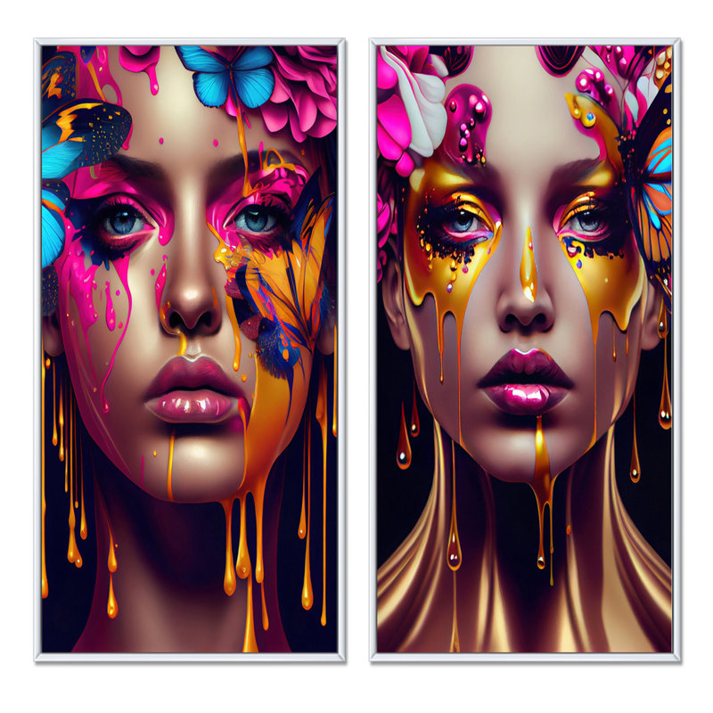 «Sensual Woman with Colorful Butterfly» - ensemble de 2 reproductions, Cadre blanc, H 20 po x l 24 po