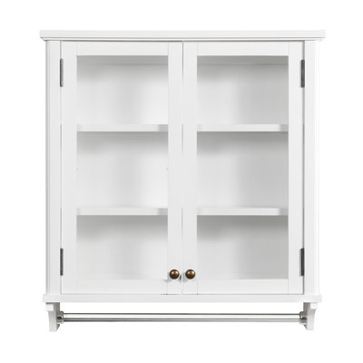 Armoire de rangement murale de salle de bain avec tablettes de rangement, miroir, porte-serviettes et portes en verre trempé de 27 po x H 29 po Dorset - Espace généreux pour les articles de toilette, les serviettes et les fournitures - Finition blanche