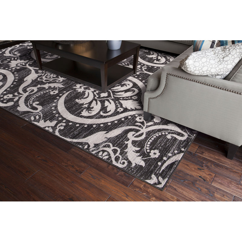 Oriental Machine Woven Damask Area Rug in Anthracite, Rectangle 7' x 9'