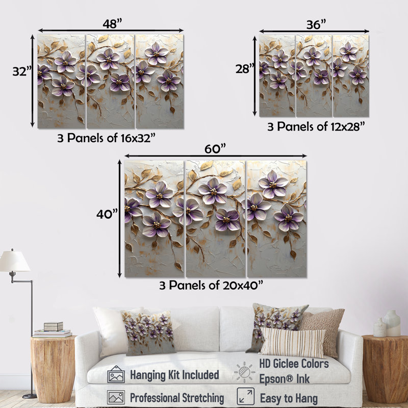 «Mauve fleuri», ensemble de reproductions d'art lilas, Toile tendue, H 40 po x l 60 po x P 1 po