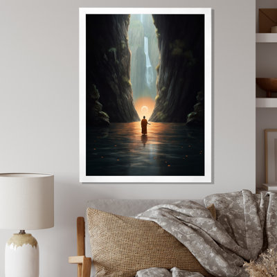 " Buddhist Monk Meditating In Cave Lake "