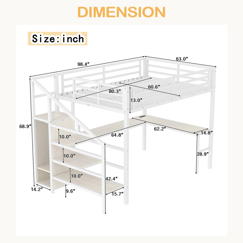 Queen Size Loft Bed With L-Shaped Desk And USB, Metal Loft Bed With Wardrobe And Adjustable Shelf, High Loft Bed With LED For Kids Teens Adults,