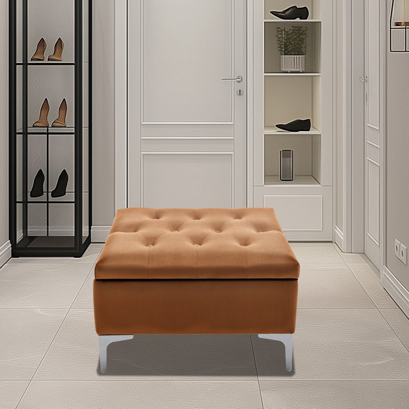 Manius Velvet Tufted Storage Ottoman, Champagne Gold