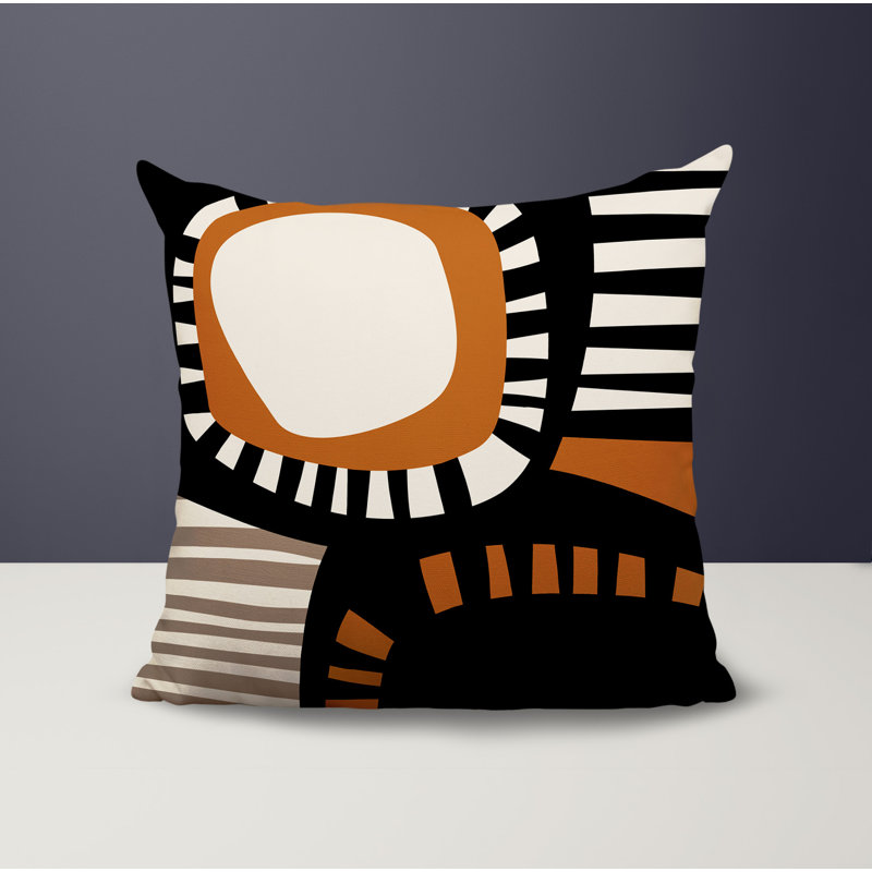 Oreiller carré réversible intérieur / extérieur Alika, H 19 po x l 19 po, Orange brûlé / noir / blanc cassé abstrait