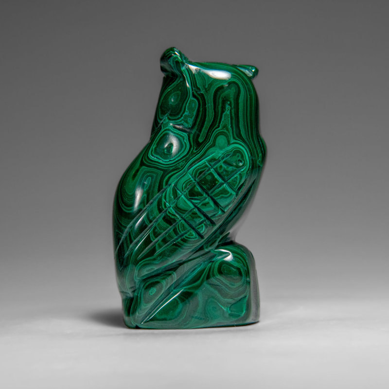 Genuine Polished Malachite Owl Carving (210.8 Grams)