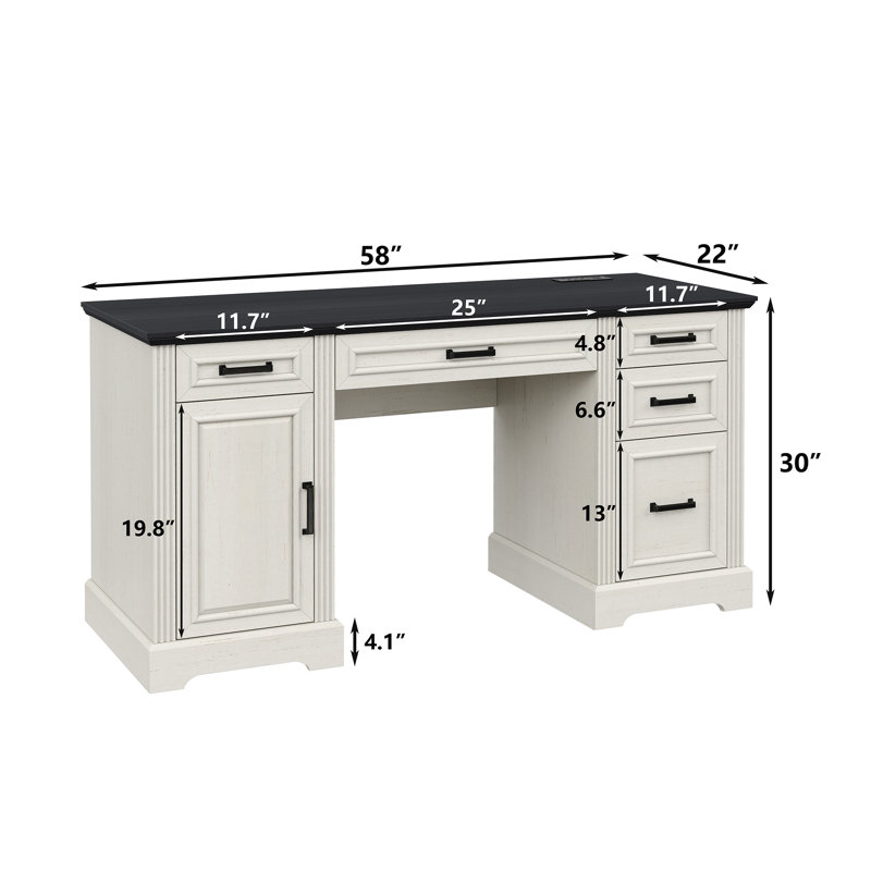 Tyshekia 58'' W Computer Desk with Outlet and 5 Drawers,Large Storage Cabinet for Home Office, Black