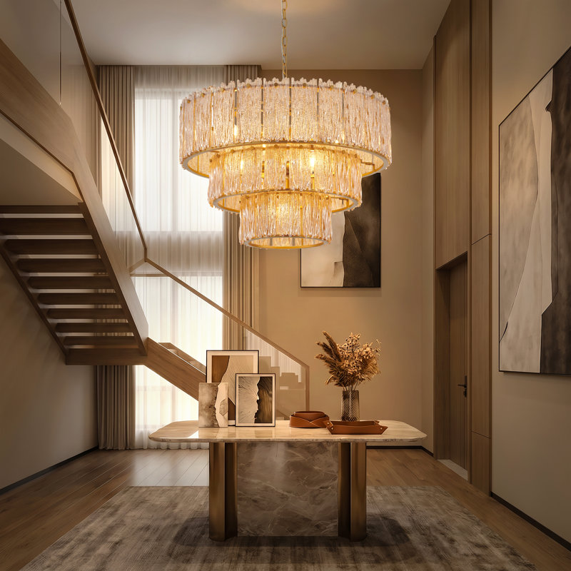 Lustre 8 lumières à 3 niveaux en verre texturé ambre