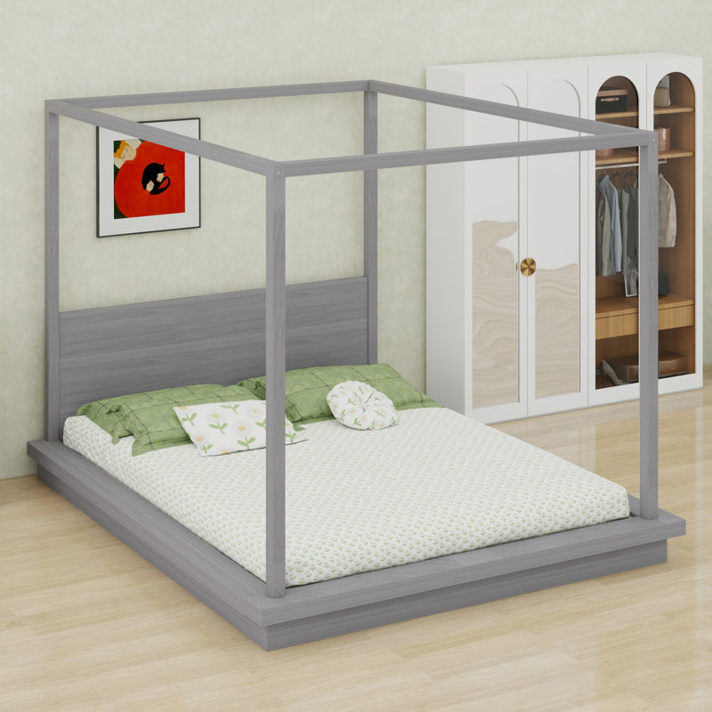 Lit à baldaquin contemporain en bois avec tête de lit, Gris