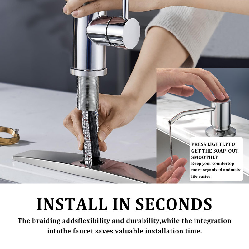 Kitchen Faucet With Soap Dispenser, Single Handle Pull-Out Faucet, Suitable For Kitchen Sink And Laundry Room., Chrome