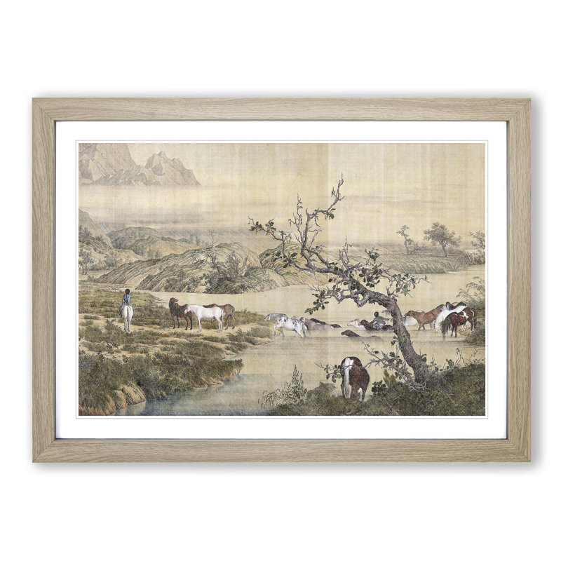Many Horses by Lang Shining - Picture Frame Painting Print, 36cm H x 48cm W x 2cm D, Oak Framed