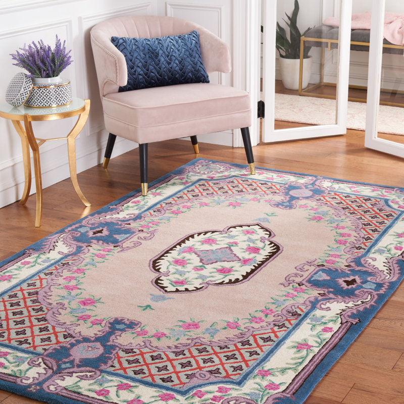 Tapis rose / ivoire en laine touffeté à la main à motif floral Luxembourg, Rectangle 4 pi x 6 pi