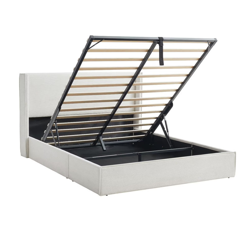 Queen Corduroy Hydraulic Lift Up Storage Bed Frame with Upholstered Wingback, No Box Spring Needed, Cream, Cream, Queen