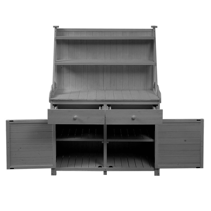 Table de jardin en pot 65 pouces, poste de travail en bois de sapin avec tablette de rangement, tiroir et armoire, Gris