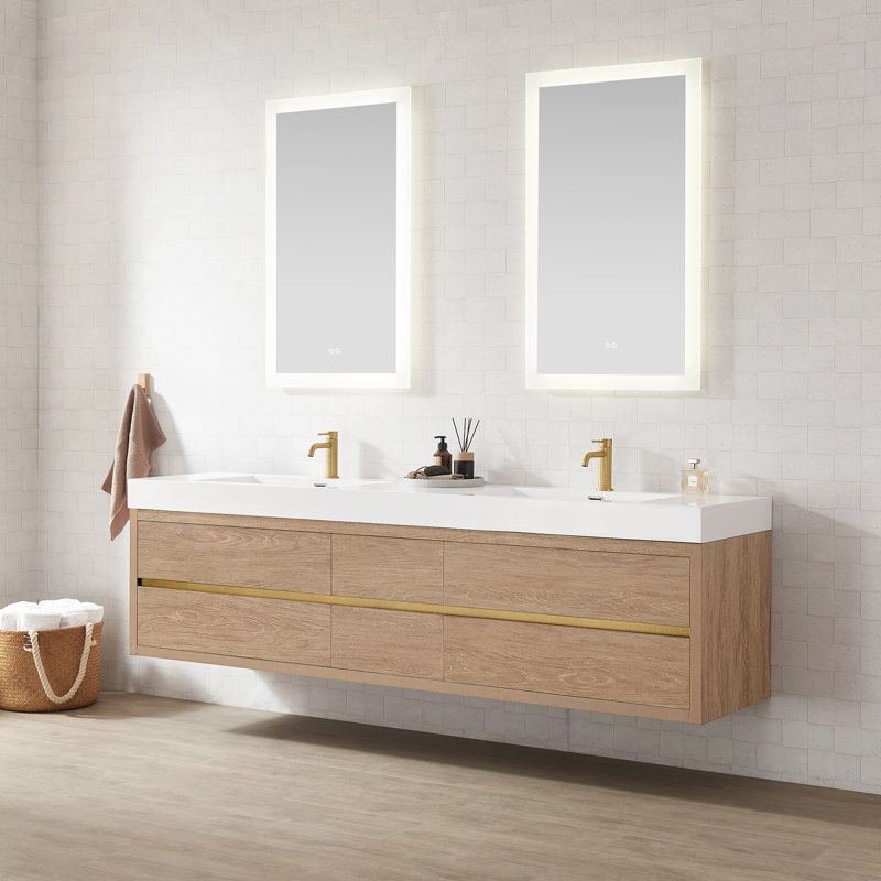 Meuble-lavabo à double cuve en chêne nord-américain avec comptoir en composite et miroir Vali
