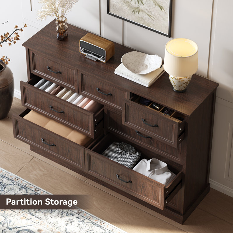 Hava 55.1"w Farmhouse 9 Drawer Dresser, Wood Chest Of Drawers With Anti-tip Design For Bedroom, Brown
