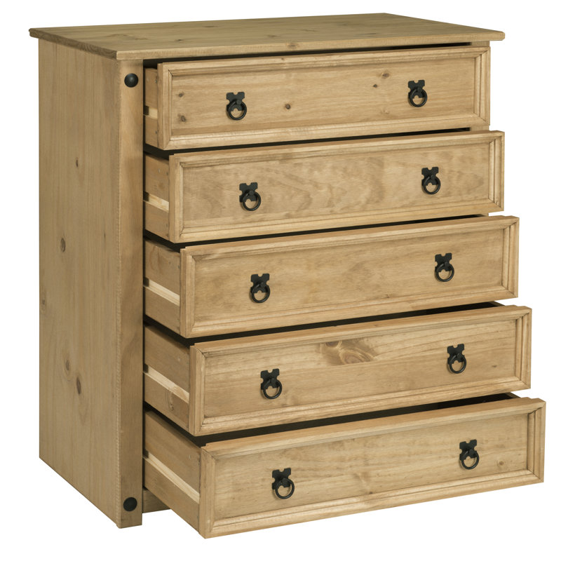 Stephania 5 Drawer 89Cm W Solid Pine Wood Chest of Drawers Corona Design