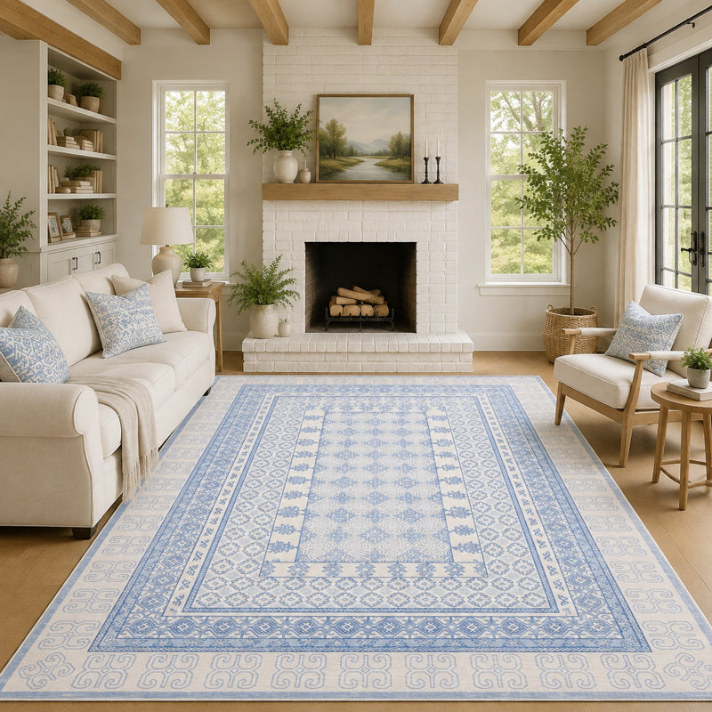 Tapis à bordure géométrique lavable à la machine, Bleu, 9 x 12 pi