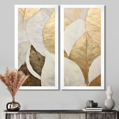Gold Minimalism Leaves Collage - Leaves Canvas Art, Gold Floral Wall Art Set Of 2