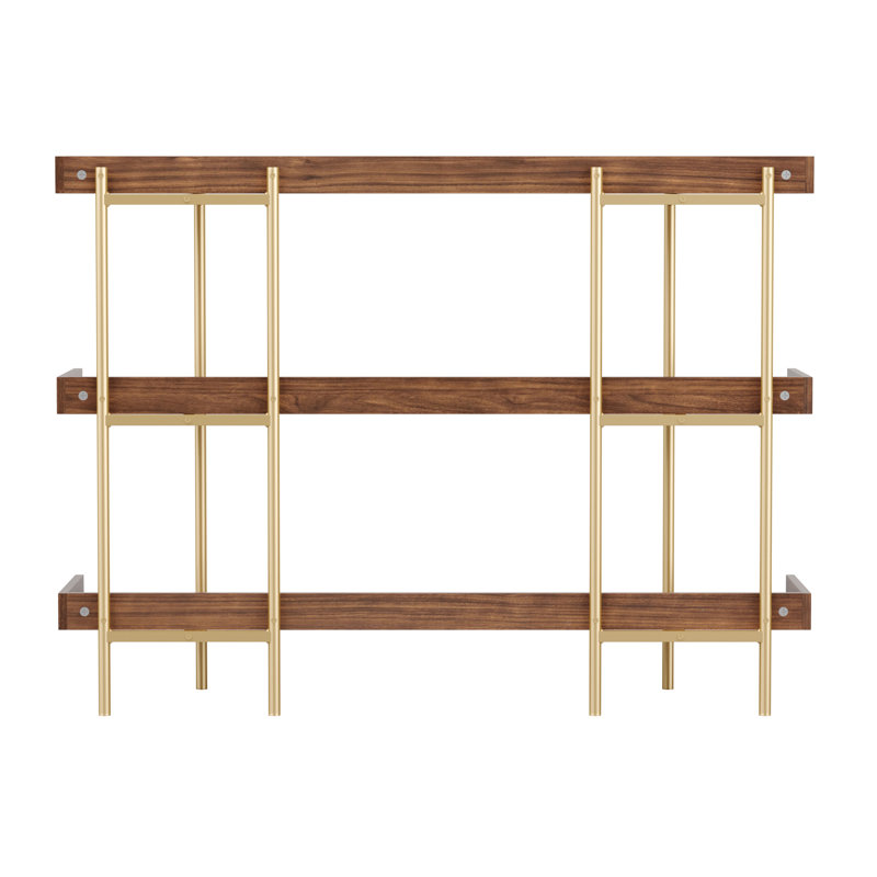 Walnut Wood Grain 3-Shelf Bookcase with Polished Brass Frame