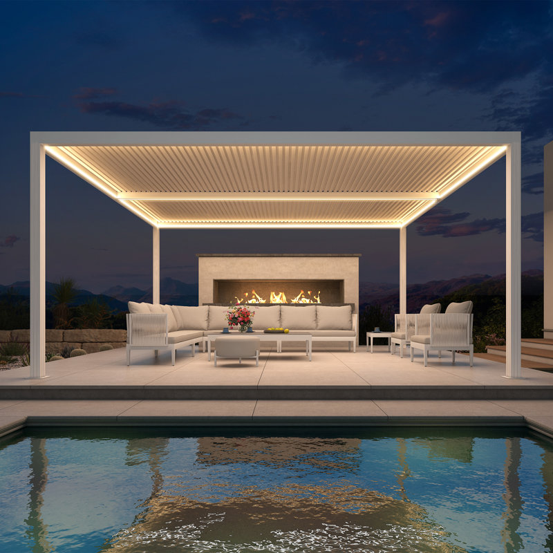PURPLE LEAF 12' x 16' LED Louvered Pergola with Adjustable Roof Aluminum Hardtop Gazebo for Patio Deck Backyard，White