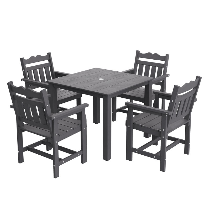 5 PCS Outdoor HIPS Dining Set, All-Weather Patio Table and Chairs W/ Umbrella Hole, Low Maintenance for Porch, Backyard, Gray