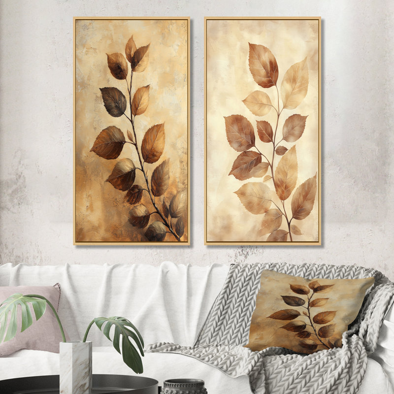 Brun sépia délavé III - art mural floral 2 panneaux, 32" H x 33" W, Impression encadrée flottante, Cream