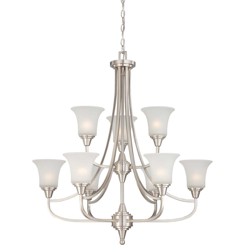 9 - Light Dimmable Empire Chandelier, Brushed Nickel / Frosted