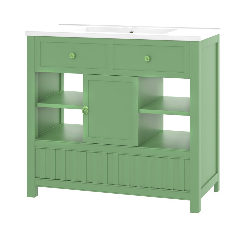 Freestanding 36" Bathroom Vanity With Ceramic Top, Light Green