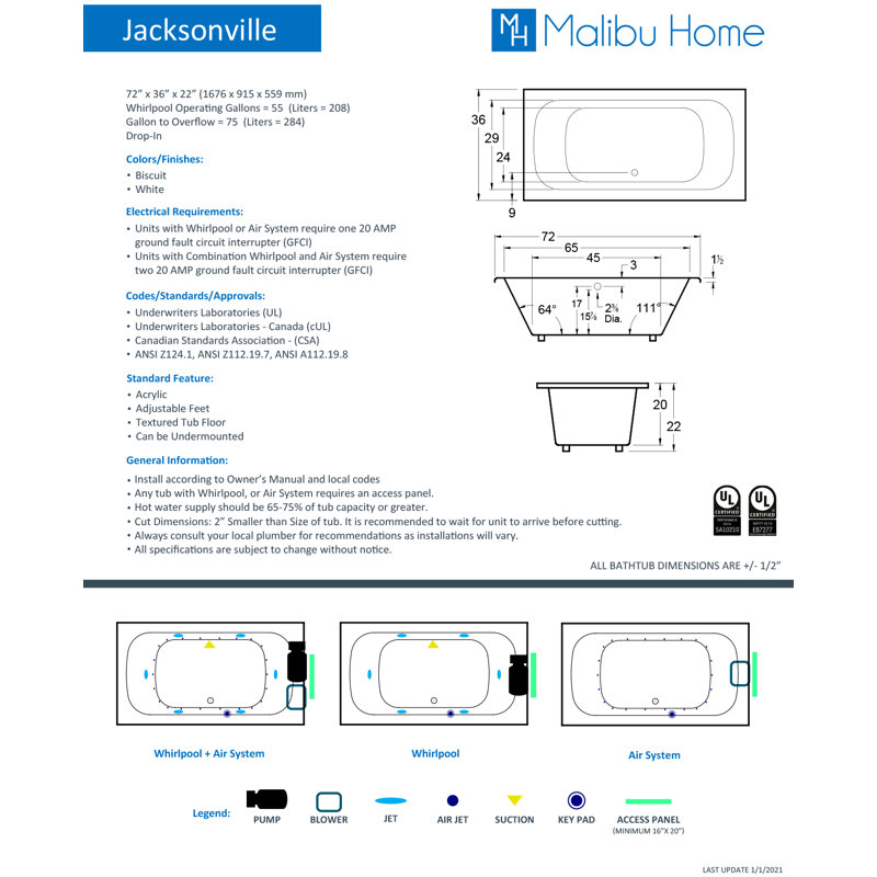 Jacksonville 72" x 36" Drop In/Undermount Soaking Acrylic Bathtub, White