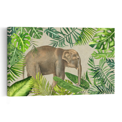 Elephant Among Tropical Leaves Serene Abstract Elephant Forest Nature Wall Art Print 1 Piece Wrapped Canvas Wall Art