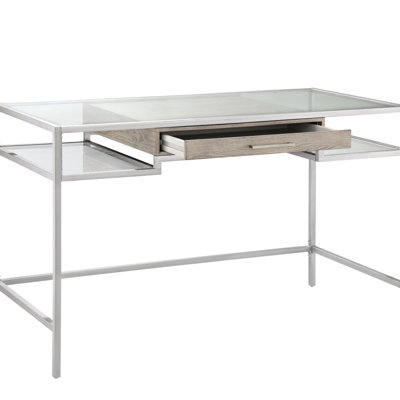 Bureau d'écriture moderne avec structure en métal argenté et plan de travail en verre trempé, tiroir de finition pour un plateau de productivité de style contemporain