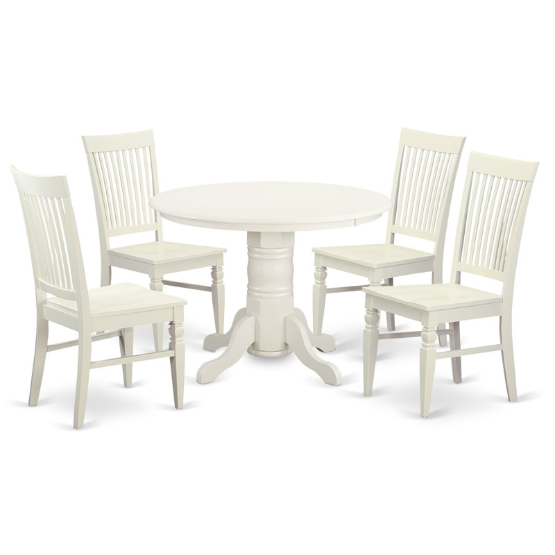 Ensemble de table de salle à manger moderne 5 pièces comprenant une table de cuisine ronde avec piédestal et 4 chaises de salle à manger, lin blanc