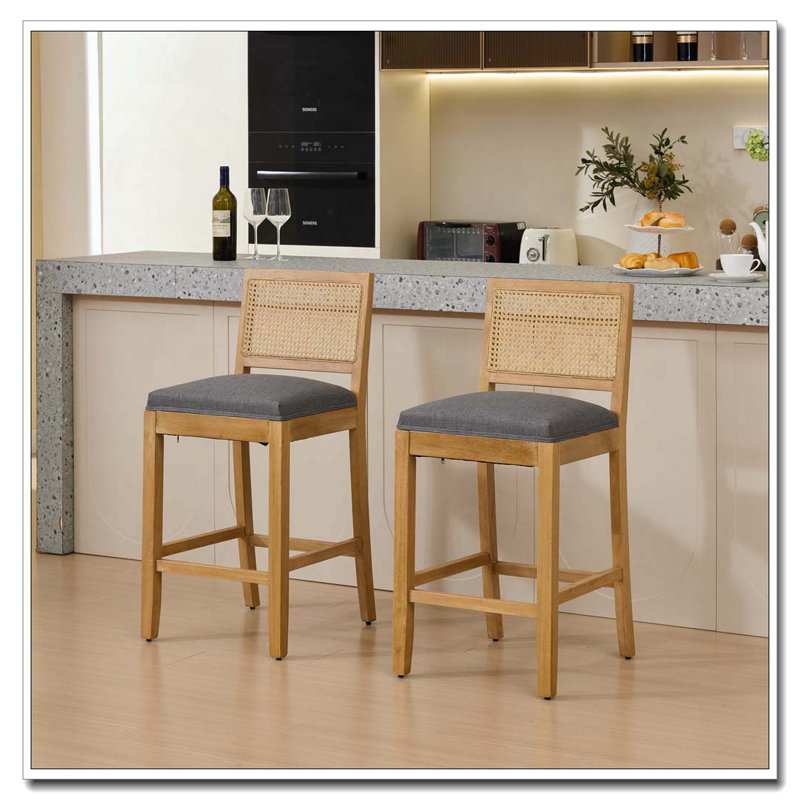 Bar complet en bois massif avec dossier en rotin, Gris