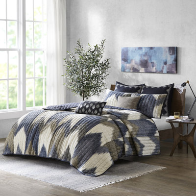 3 pièces de courtepointe en coton imprimé marine double / grand - confort prélavé, cassé, revers uni, taille de couchage, prélavé, imprimé, literie respirante