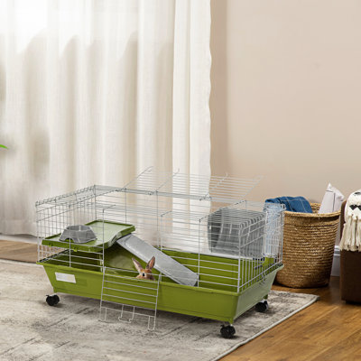 Cage pour petits animaux L 35 po PawHut, cage à lapins roulante, cage à cochon d'Inde avec plat de nourriture, bouteille d'eau, mangeoire à foin, plateforme, rampe pour furet chinchilla, vert