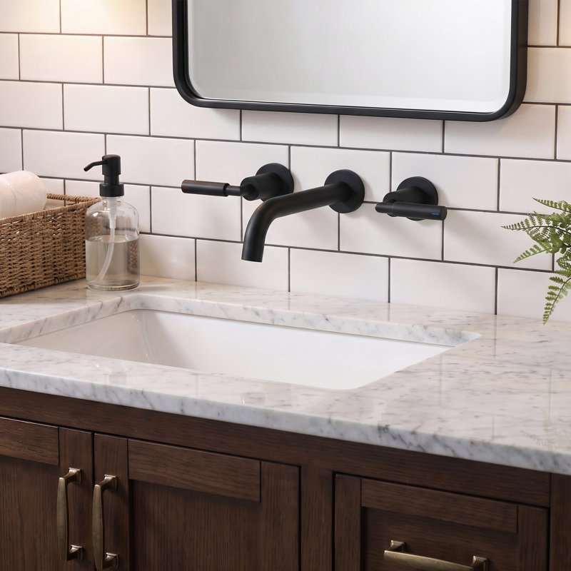 Modern Wall Mounted 2-handle Bathroom Sink Faucet in Matte Black, Solid Brass, Matte Black, Without Drain Assembly