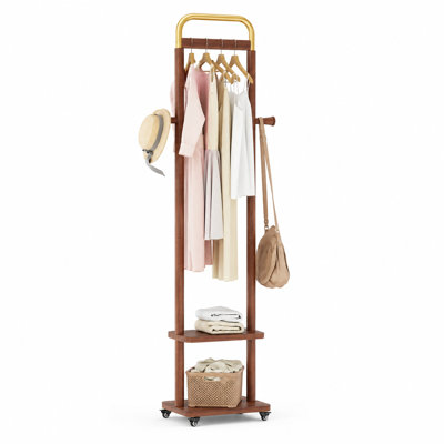 15.7"L x 11.8"W x 71"H Walnut‑Tone Solid Wood Freestanding Coat Rack, Eco‑Friendly Easy‑to‑Assemble Hanger Stand, Decorative Storage Organizer for Bedroom, Entryway & Living Room