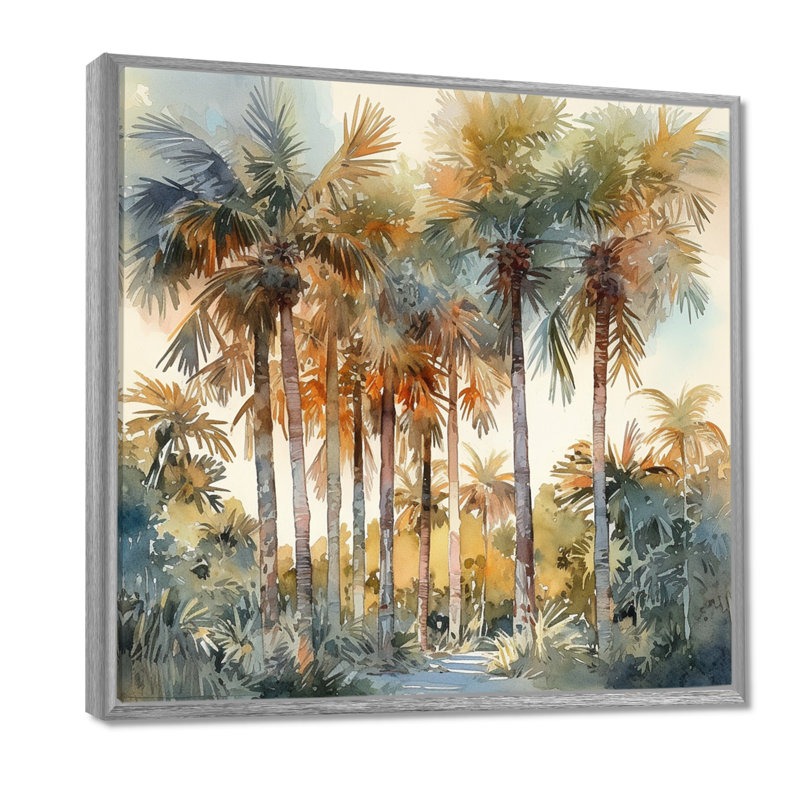«Green Palm Tree Paradise III - Palm Trees», reproduction d'art sur toile, H 36 po x l 36 po x P 1,5 po, Encadrement argenté